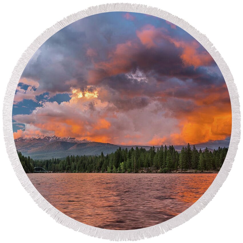 Mount Shasta Round Beach Towel featuring the photograph Fire Sunset over Shasta by Greg Nyquist