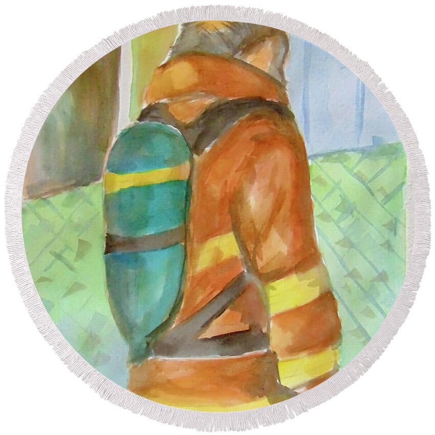 Art Round Beach Towel featuring the painting Fireman by Loretta Nash