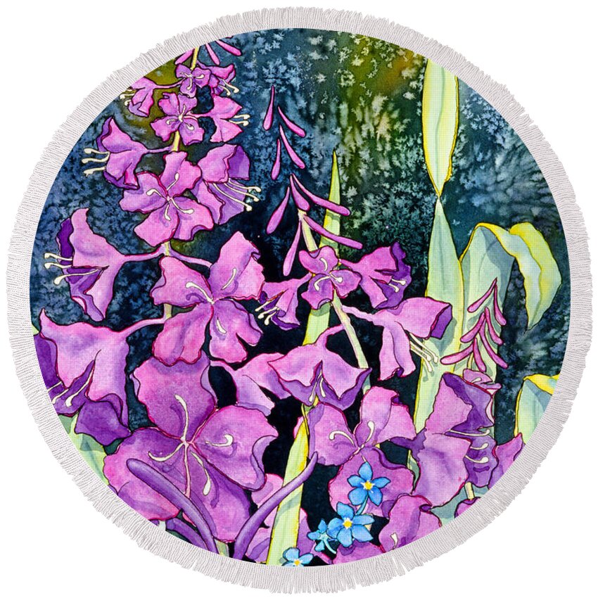 Fireweed And Forget Me Nots Round Beach Towel featuring the painting Fireweed and Forget Me Nots by Teresa Ascone