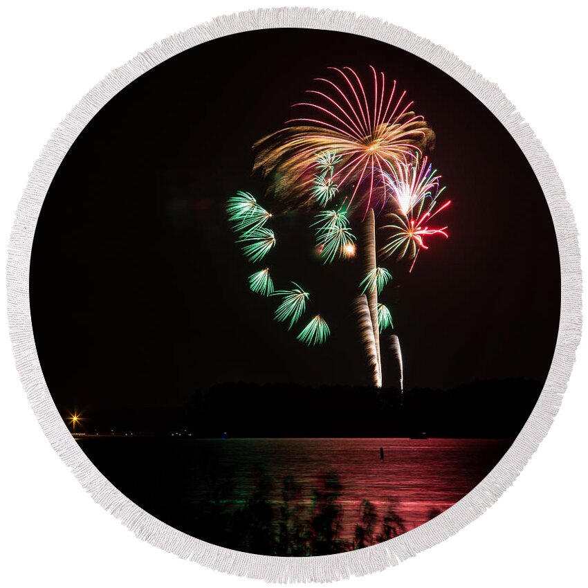 Fireworks Round Beach Towel featuring the photograph Fireworks-3 by Charles Hite