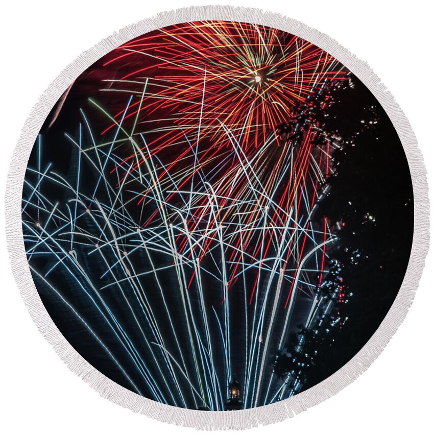 Fireworks Round Beach Towel featuring the photograph Fireworks 3 by Jerry Gammon