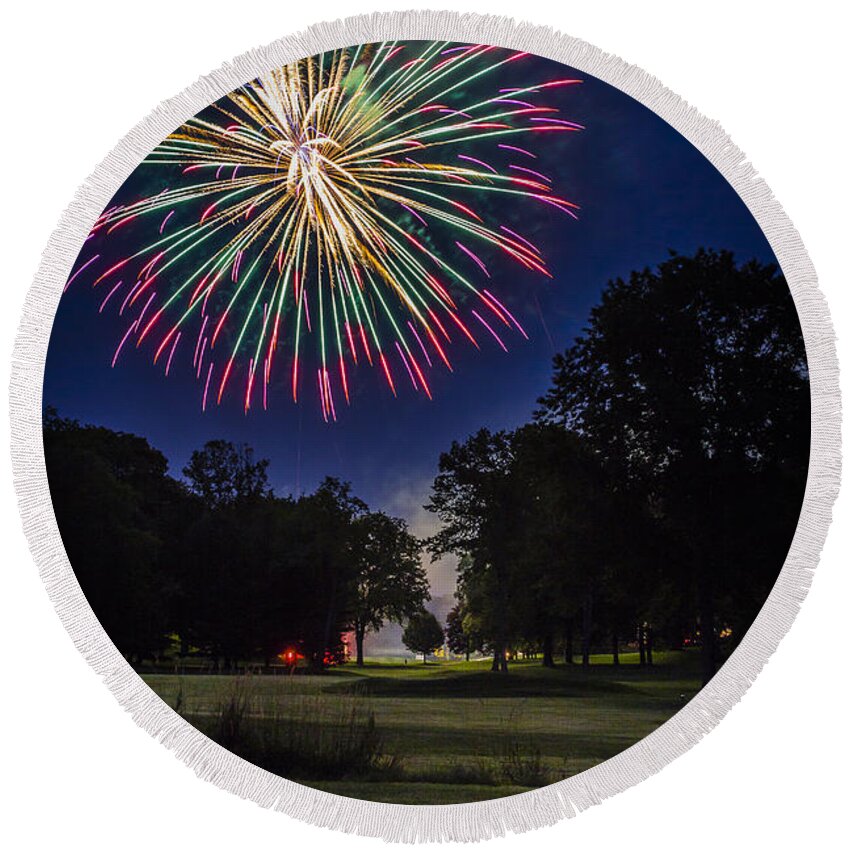 Fireworks Round Beach Towel featuring the photograph Fireworks Beauty by Joann Long