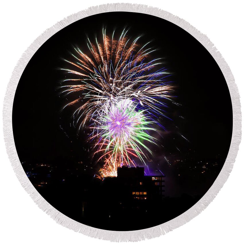 Fireworks Round Beach Towel featuring the photograph Fireworks In Manly by Miroslava Jurcik