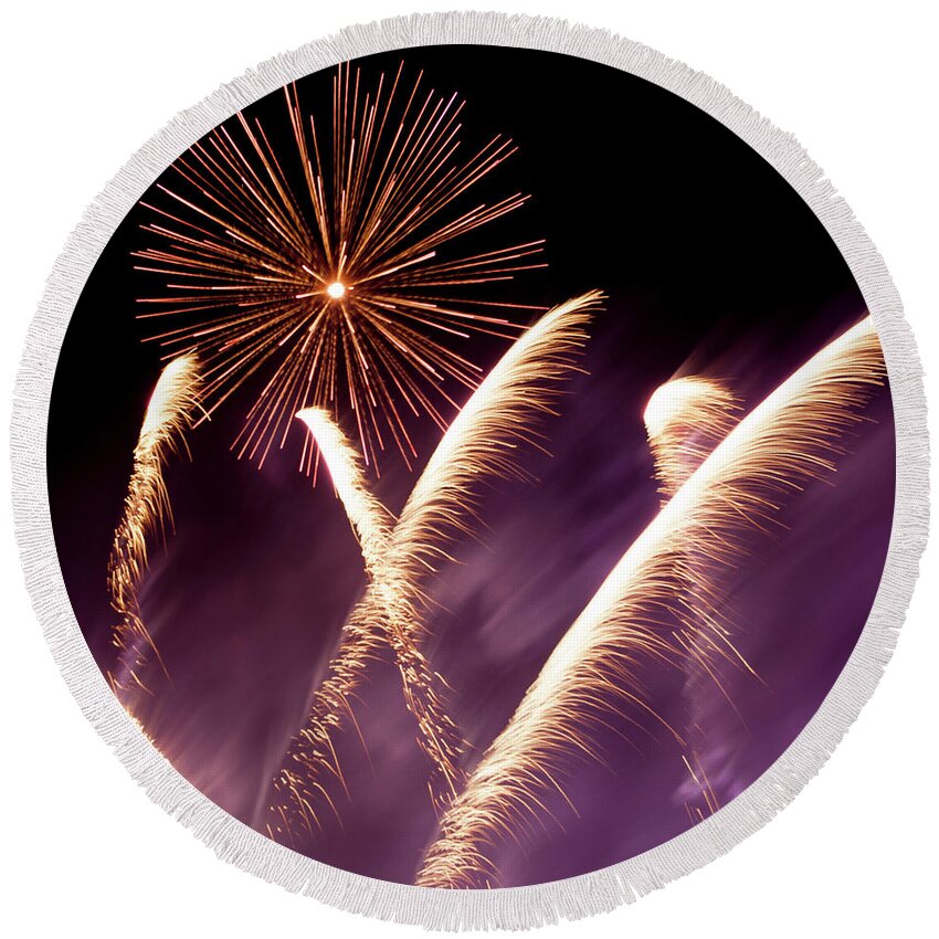 Fireworks Round Beach Towel featuring the photograph Fireworks in the Night by Helen Jackson
