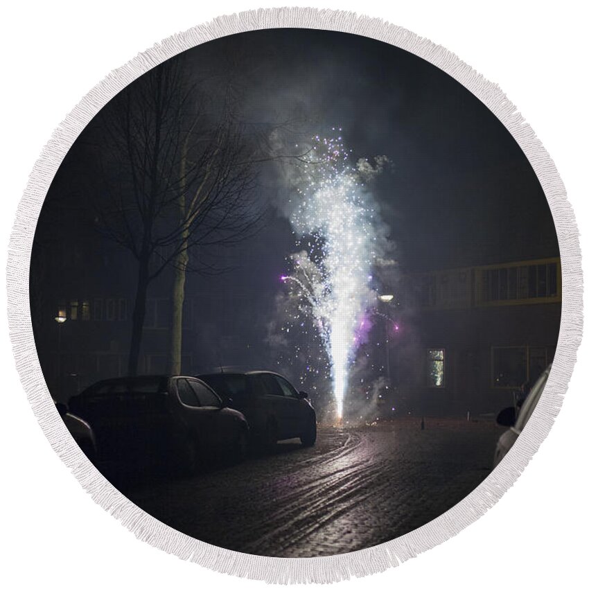 Works Round Beach Towel featuring the photograph Fireworks in the street by Patricia Hofmeester