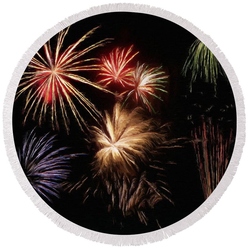Fireworks Round Beach Towel featuring the painting Fireworks by Jeffrey Kolker