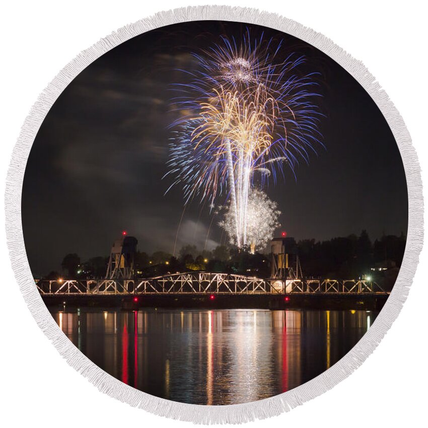 Lc Valley Round Beach Towel featuring the photograph Fireworks over the Blue Bridge by Brad Stinson