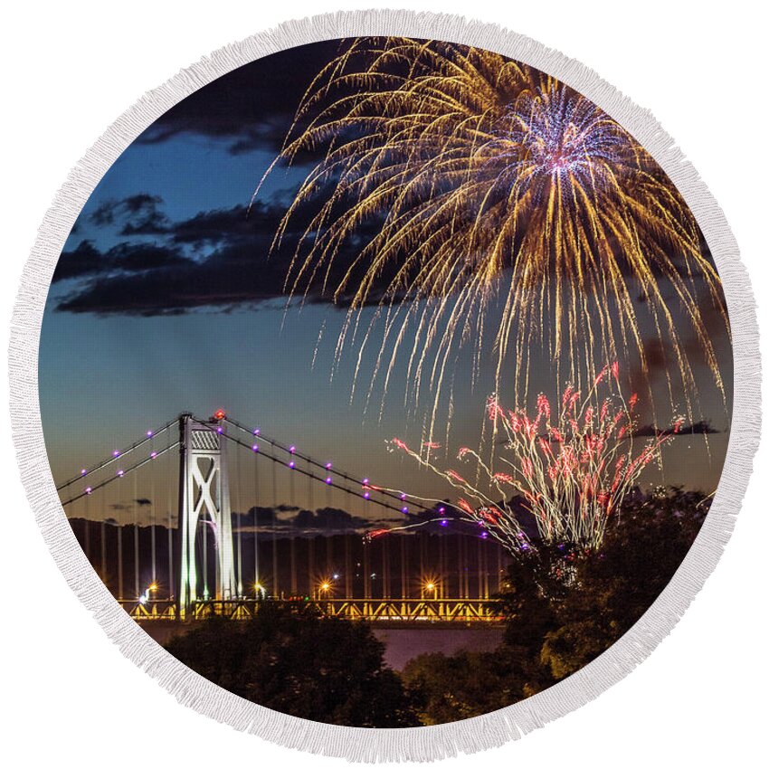Hudson Valley Round Beach Towel featuring the photograph Fireworks Over the Mid - Hudson Bridge by John Morzen