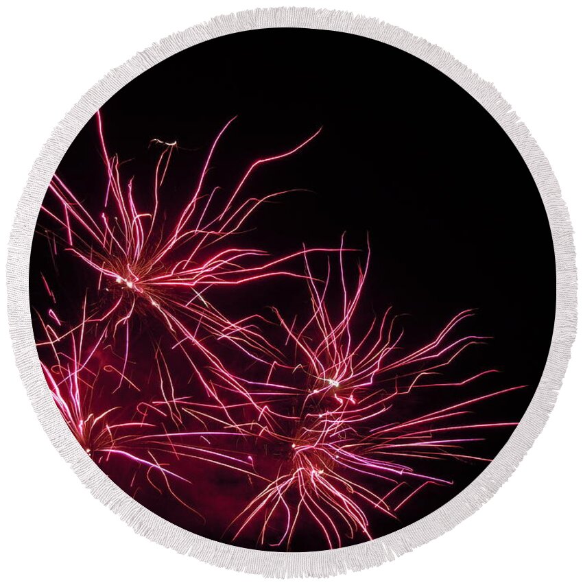 Fireworks Round Beach Towel featuring the photograph Fireworks Seven by Nancy Griswold