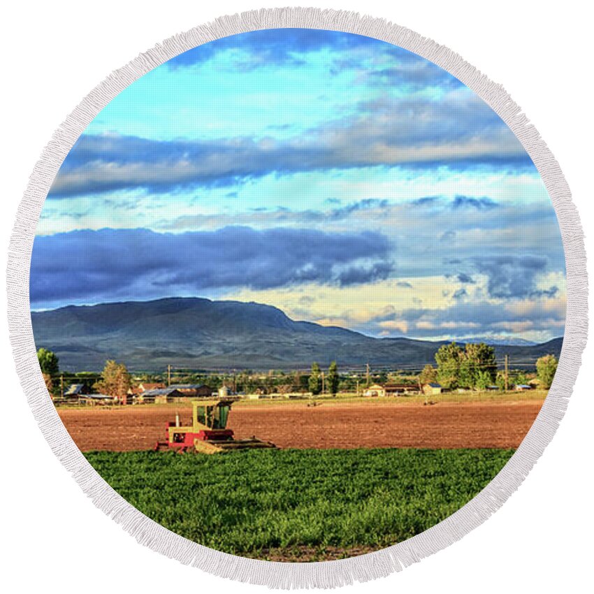 Farm Round Beach Towel featuring the photograph First Cutting Of Alfalfa by Robert Bales