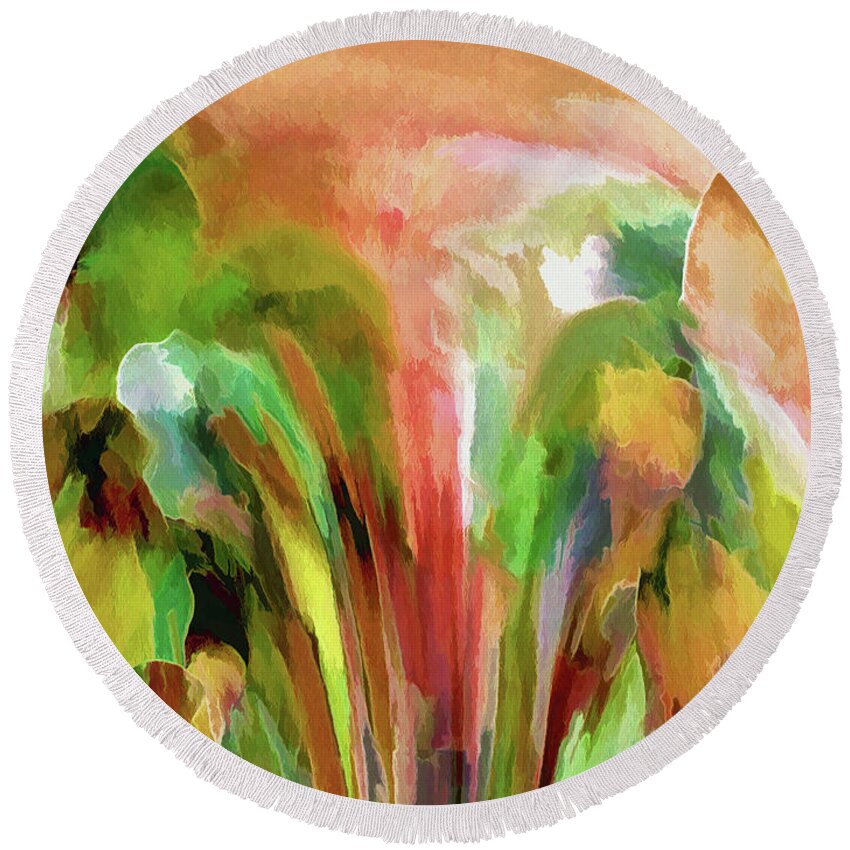 Abstract Round Beach Towel featuring the digital art First Day in the Garden by Lynda Lehmann