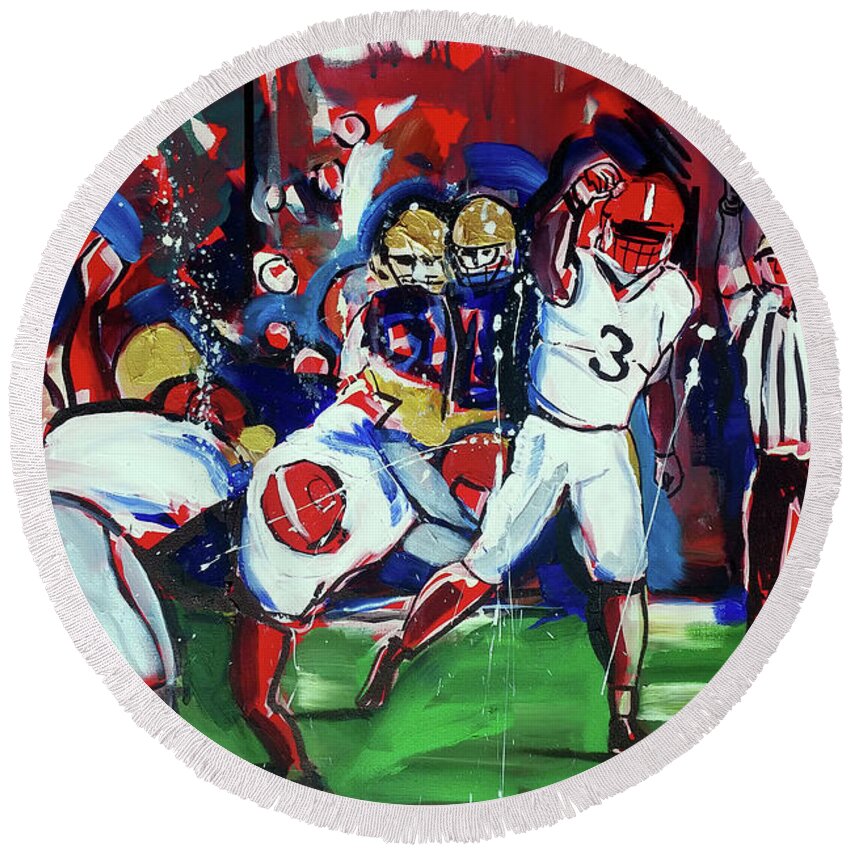  Round Beach Towel featuring the painting First Down by John Gholson