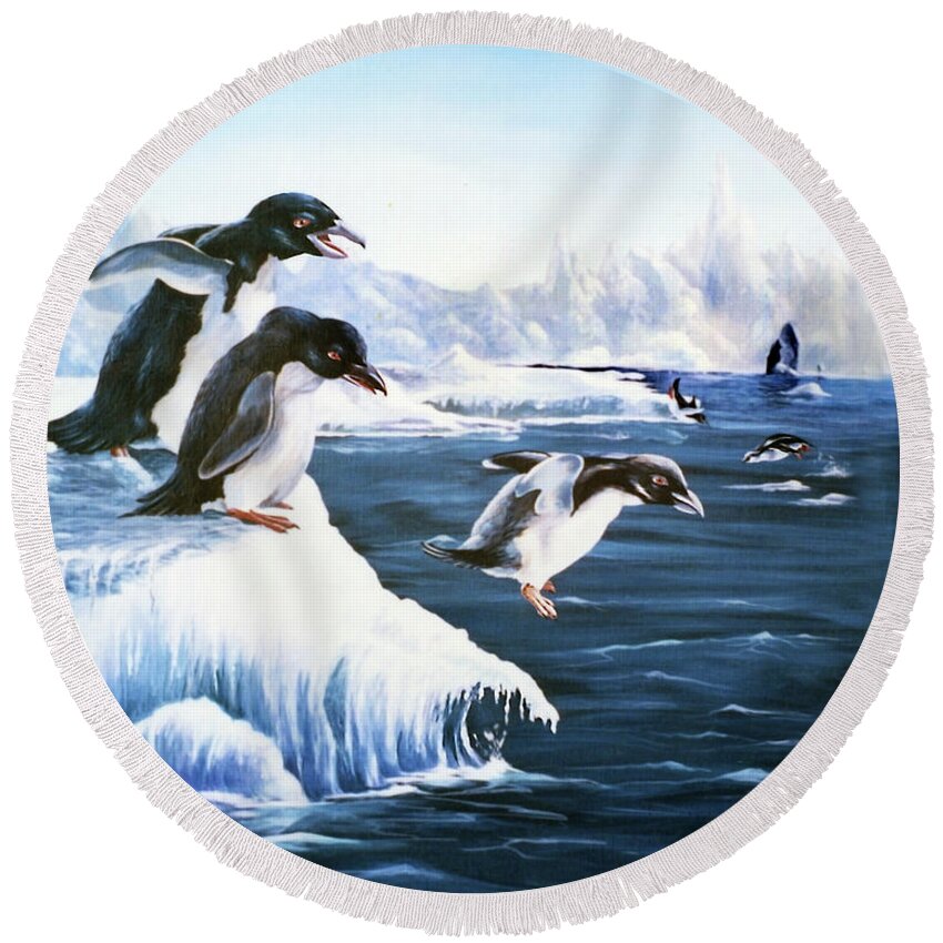 Antarctica Round Beach Towel featuring the painting First Leap by Anthony DiNicola