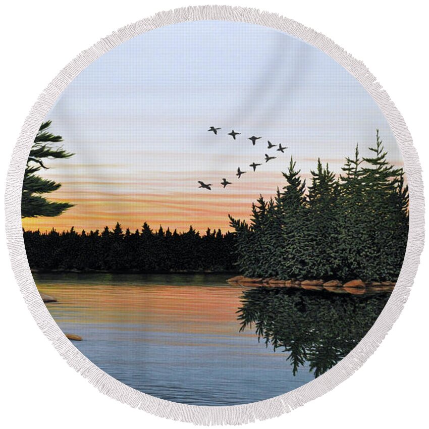 Lakes Round Beach Towel featuring the painting First Light by Kenneth M Kirsch