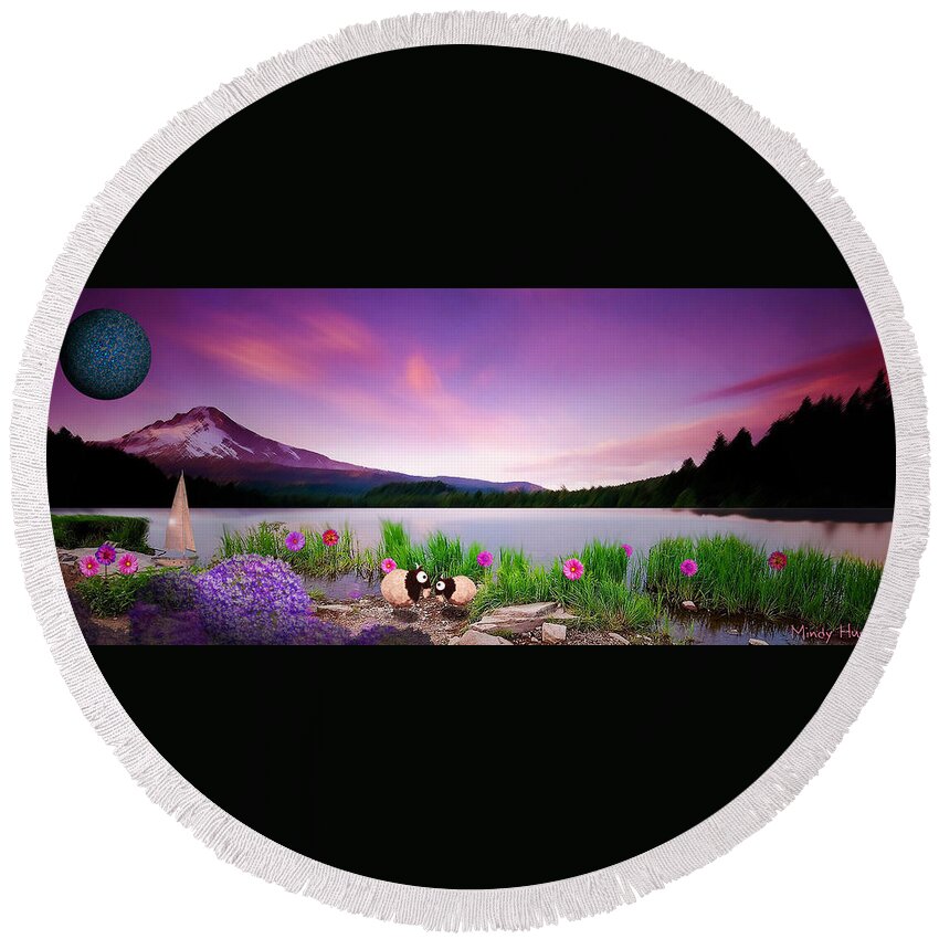 Landscape Round Beach Towel featuring the painting First Light by Mindy Huntress