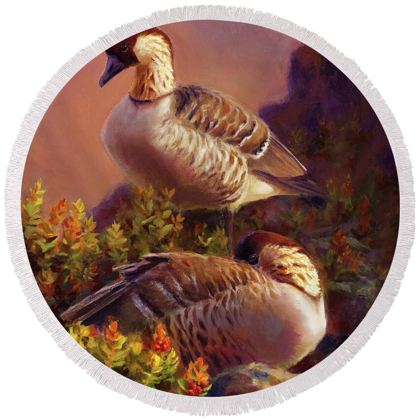 Art Round Beach Towel featuring the painting First Light Nene Hawaiian Goose by K Whitworth