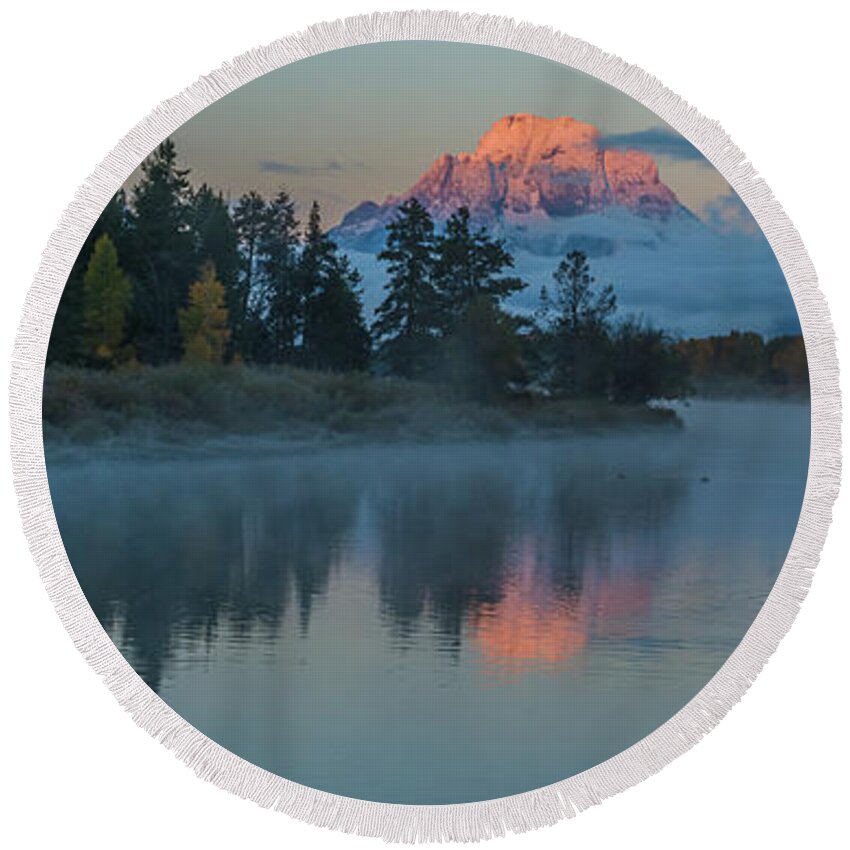Oxbow Bend Round Beach Towel featuring the photograph First Light Of Dawn by Yeates Photography