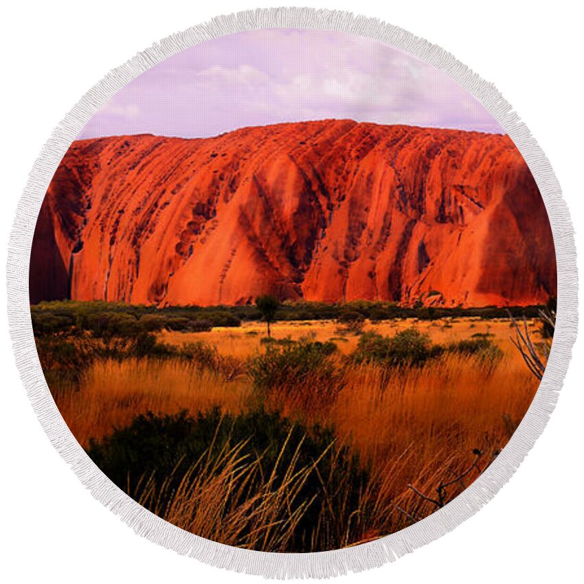 Raw And Untouched Northern Territory Series By Lexa Harpell Round Beach Towel featuring the photograph First Light - Uluru, Australia by Lexa Harpell