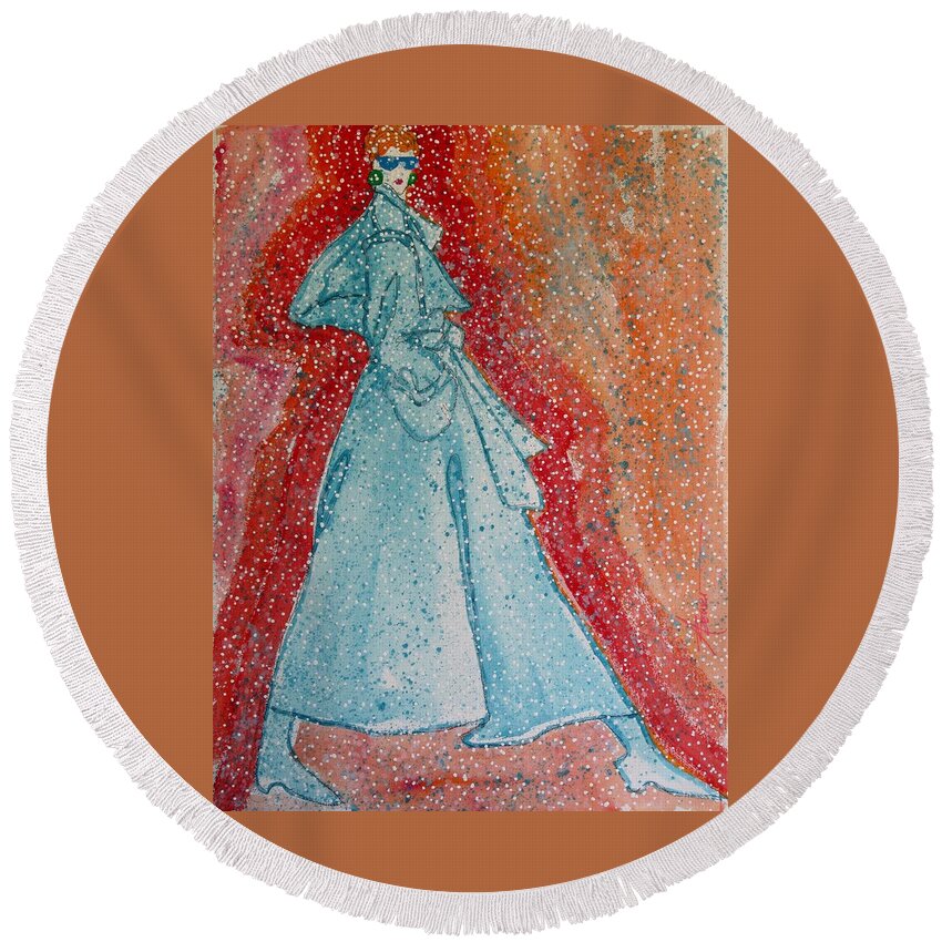 Woman Round Beach Towel featuring the painting First Snow by Adele Bower