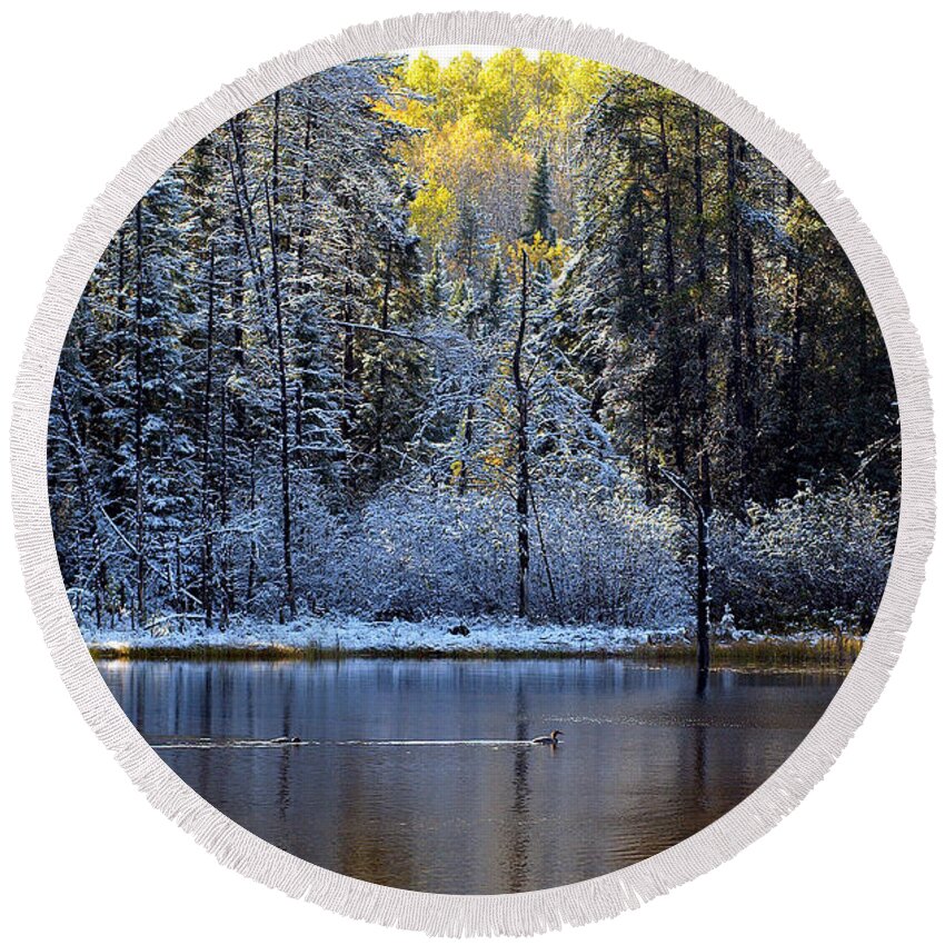 Canada Round Beach Towel featuring the photograph First Snow by Doug Gibbons