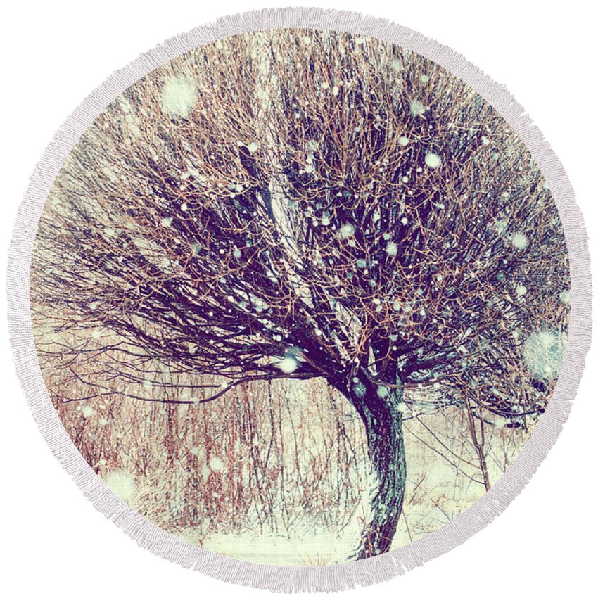 Jenny Rainbow Fine Art Photography Round Beach Towel featuring the photograph First Snowflakes by Jenny Rainbow