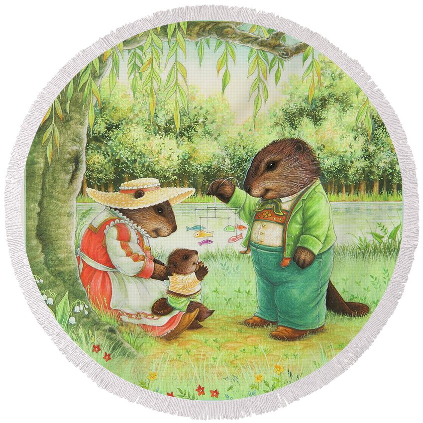 Beavers Round Beach Towel featuring the painting First Steps by Lynn Bywaters