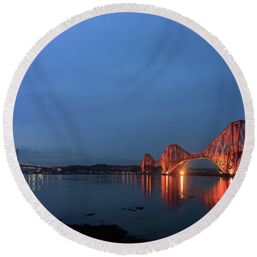 Firth Of Forth Railway Bridge Round Beach Towel featuring the photograph Firth of Forth Bridges at Twilight - Panorama by Maria Gaellman