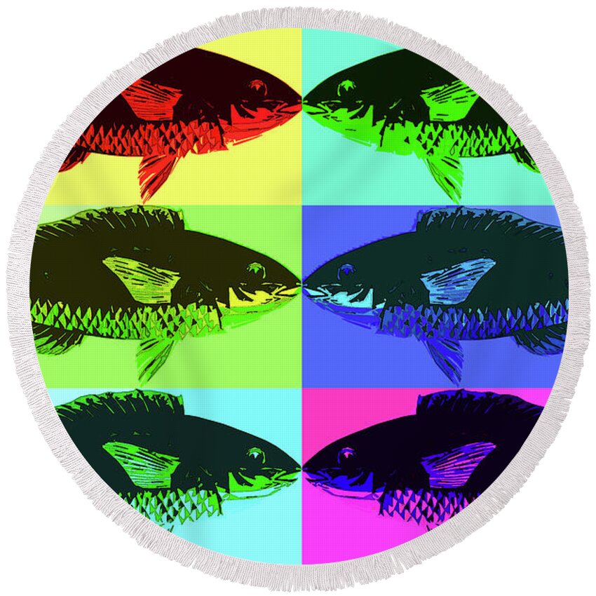 Fish Pop Art Round Beach Towel featuring the digital art Fish Dinner Pop Art by Nancy Merkle