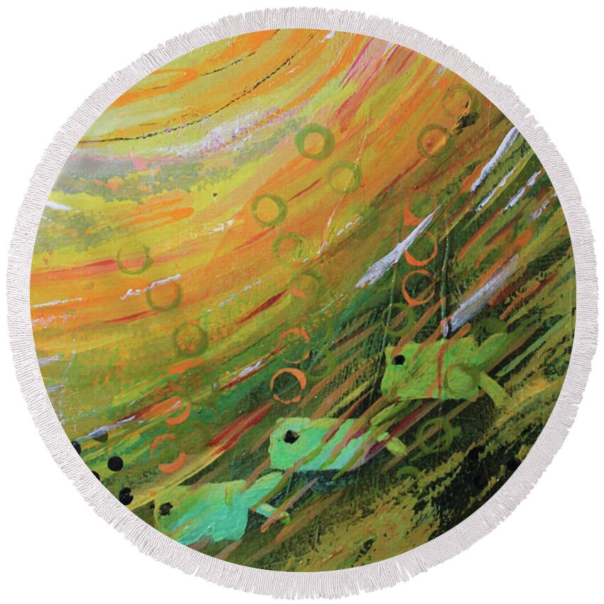 Fish Round Beach Towel featuring the mixed media Fish in a Green Sea by April Burton