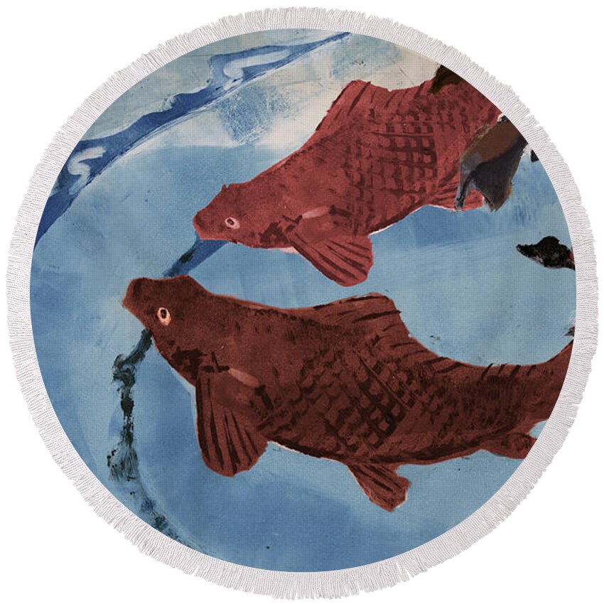 Animal Round Beach Towel featuring the painting Fish Pond by Thomas Tribby