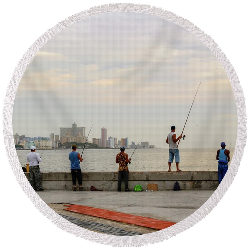 Cityscape Round Beach Towel featuring the photograph Fishermen at Malecon by Viktor Birkus