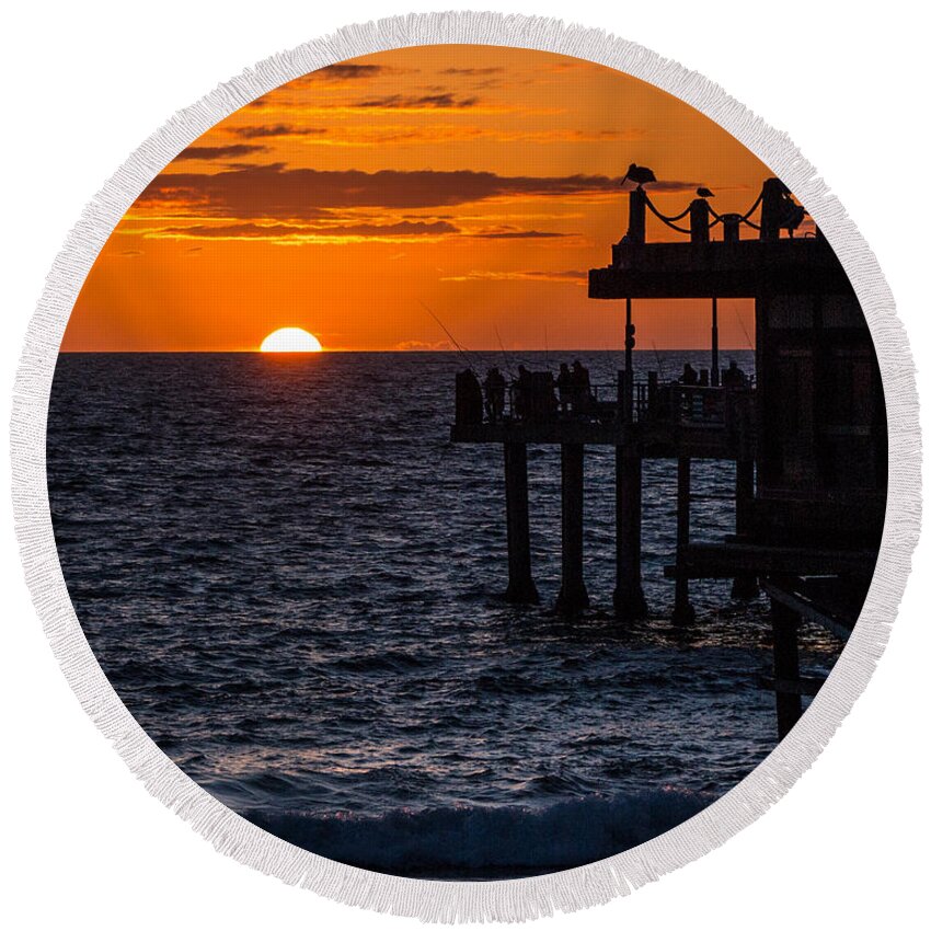 Pier Round Beach Towel featuring the photograph Fishing at Twilight by Ed Clark