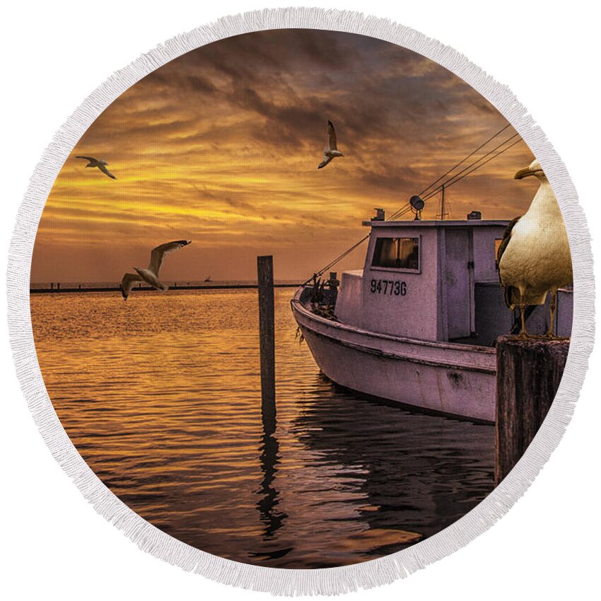 Coast Round Beach Towel featuring the photograph Fishing Boat and Gulls at Sunrise by Randall Nyhof