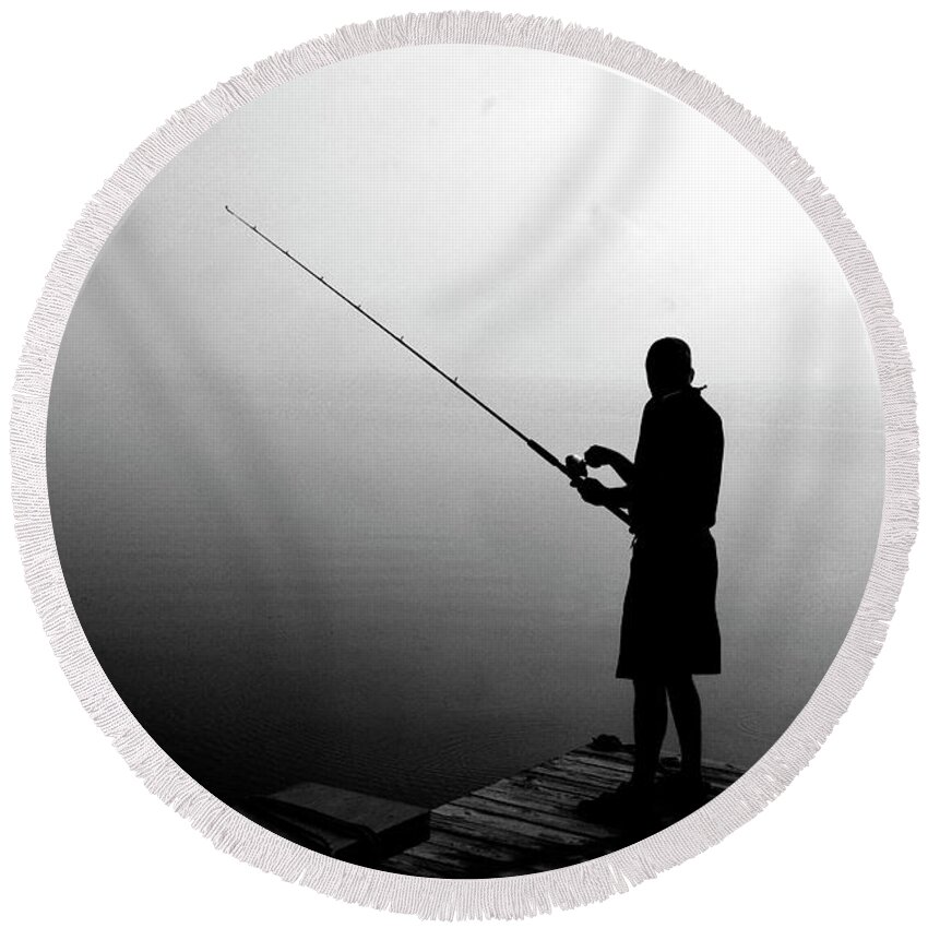 Fishing Round Beach Towel featuring the photograph Fishing in Fog by Jean Macaluso
