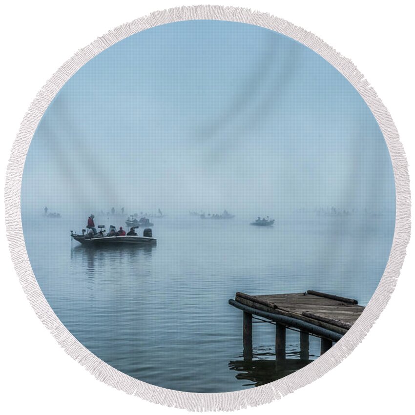 Fishing Round Beach Towel featuring the photograph Fishing in the Fog Summersville Lake by Thomas R Fletcher