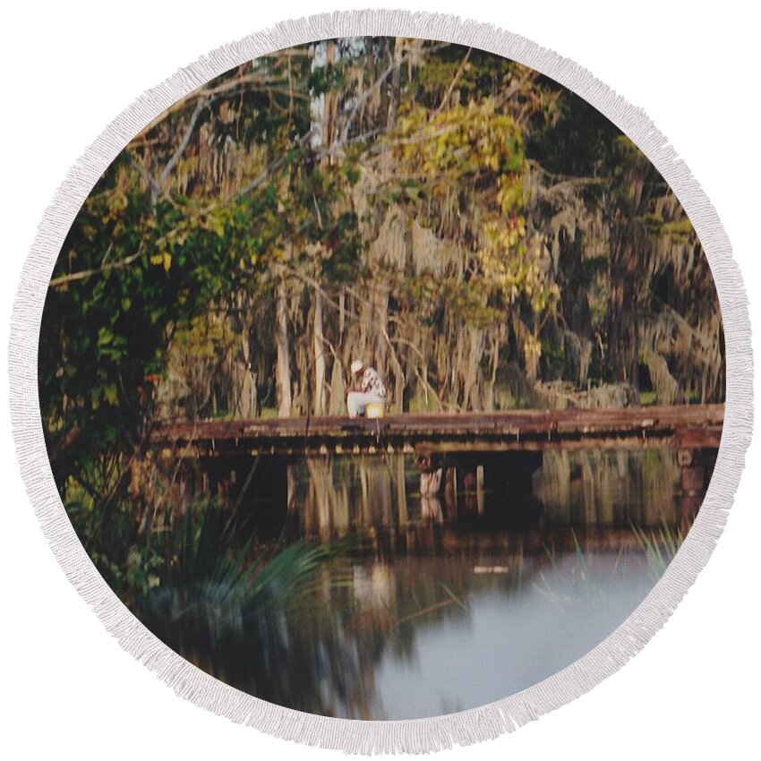 Landscape Round Beach Towel featuring the photograph Fishing on the bridge by Michelle Powell