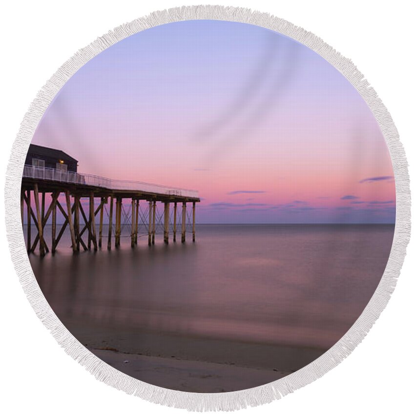 Belmar Round Beach Towel featuring the photograph Fishing Pier Sunset by Michael Ver Sprill