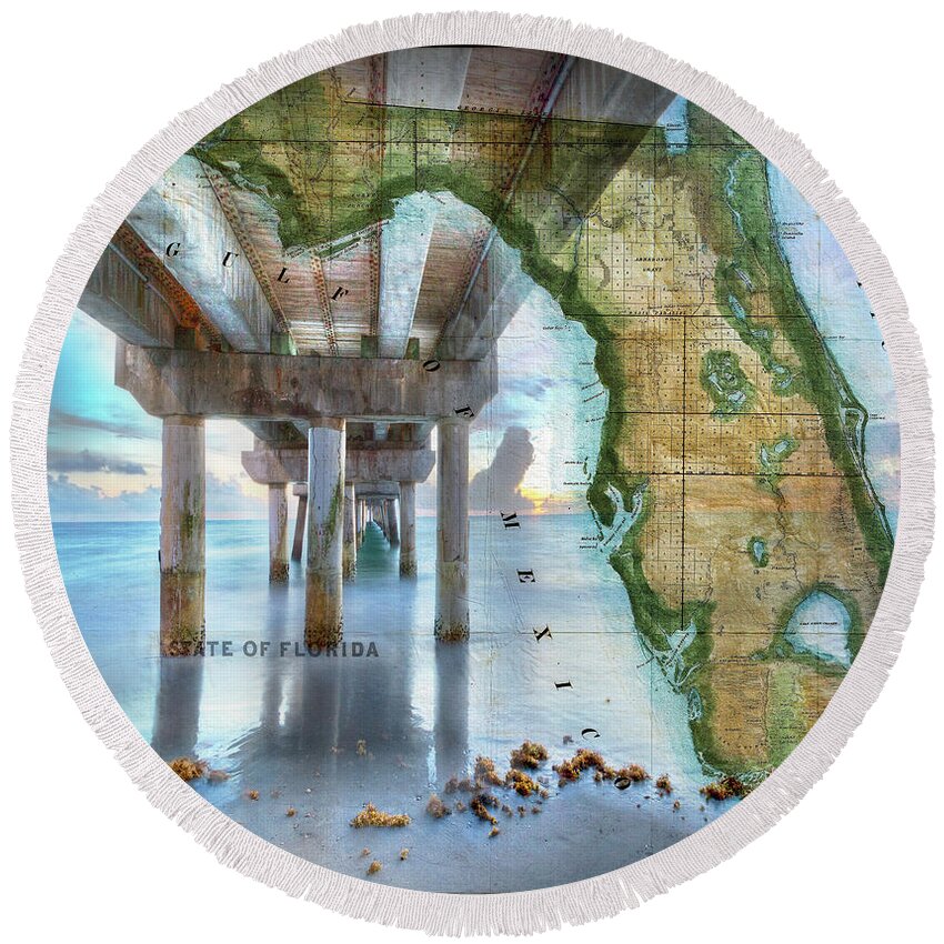 Atlantic Round Beach Towel featuring the photograph Fishing Piers of Florida by Debra and Dave Vanderlaan