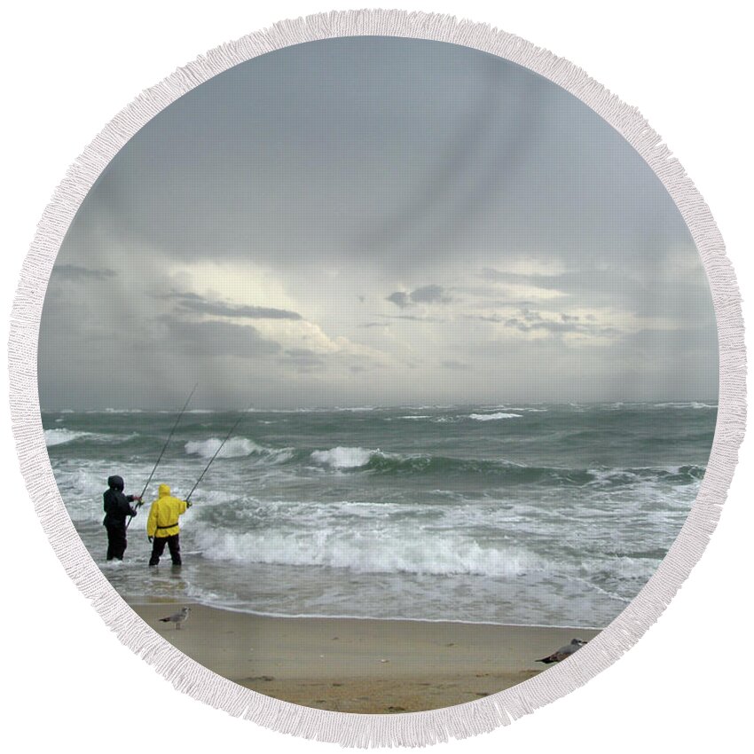 Fishing Round Beach Towel featuring the photograph Fishing Through The Storm - Diamond Shoals NC by Carol Senske