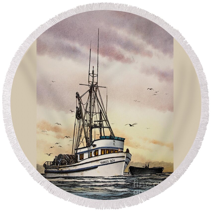 Watercolors Round Beach Towel featuring the painting Fishing Vessel Yankee Boy by James Williamson