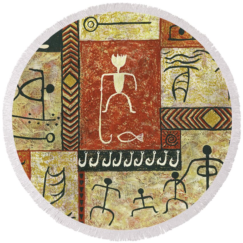 Hawaiian Petroglyphs Round Beach Towel featuring the painting Fishing Village by Darice Machel McGuire