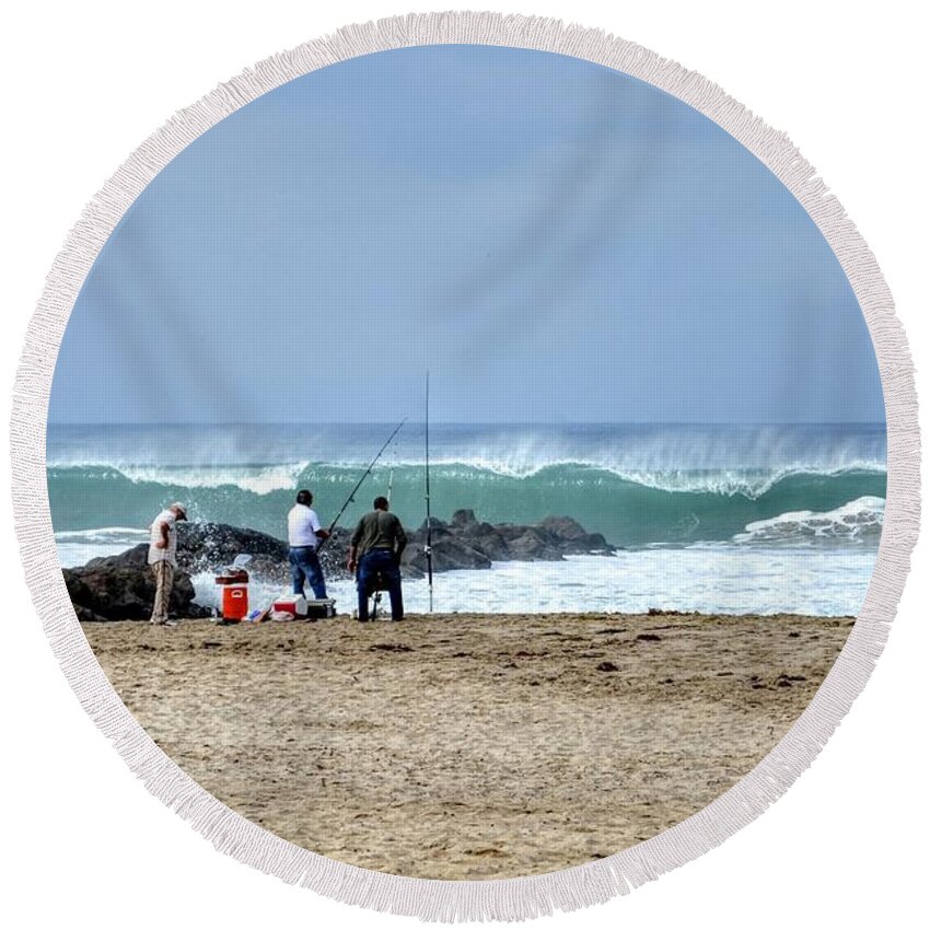 Waves Ocean Beach Sand Fishing Surf Round Beach Towel featuring the photograph Fishing by Wendell Ward