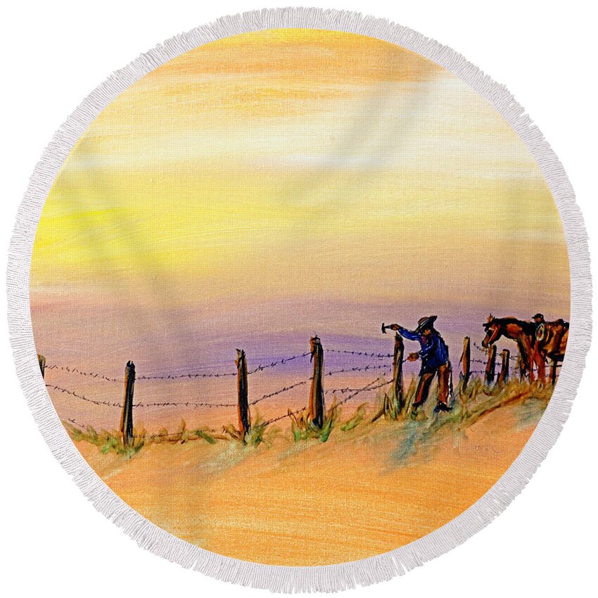 Texas Round Beach Towel featuring the drawing Fix on the Prairie by Erich Grant