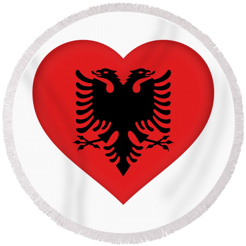 Albania Round Beach Towel featuring the digital art Flag of Albania Heart by Roy Pedersen