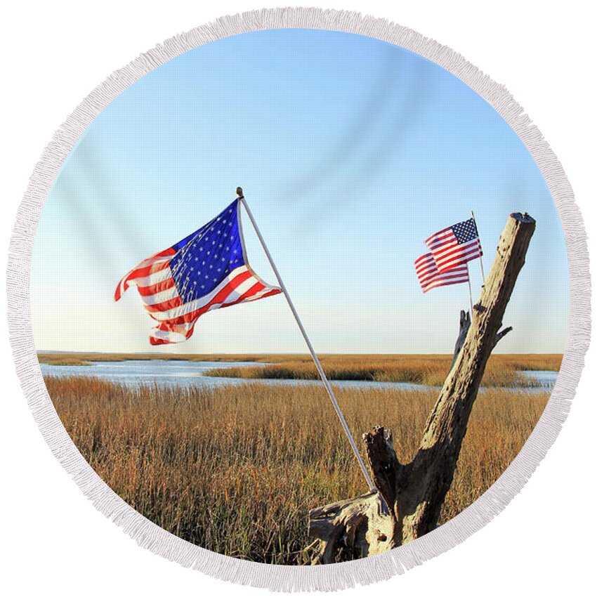 Flags Near Tybee Round Beach Towel featuring the photograph Flags Near Tybee by Jennifer Robin
