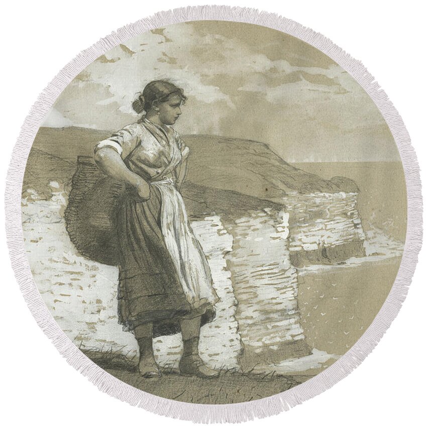 Woman Round Beach Towel featuring the painting Flamborough Head, England by Winslow Homer