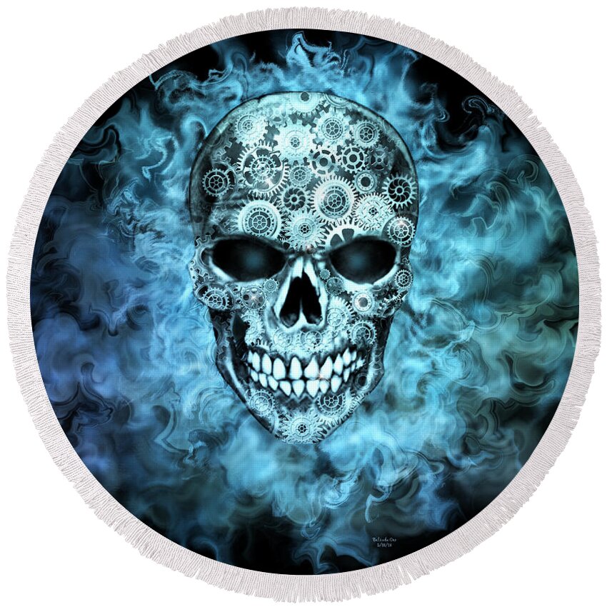 Digital Art Round Beach Towel featuring the digital art Flaming Steampunk Skull by Artful Oasis