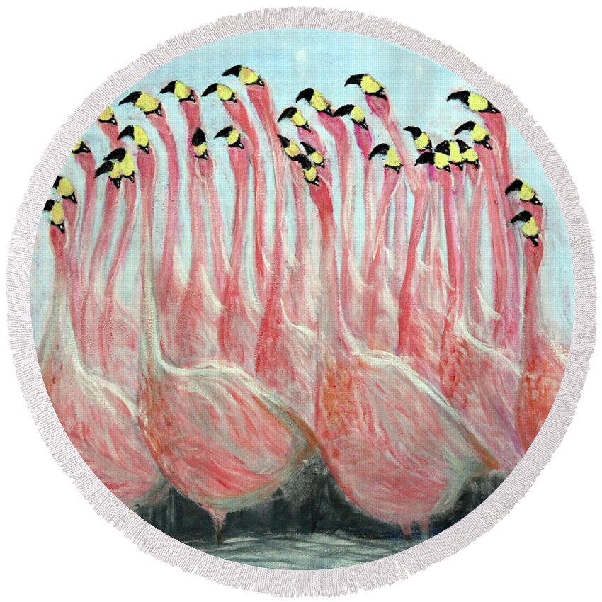 Animals Round Beach Towel featuring the painting Flamingo Abstract Impressions by Lyric Lucas