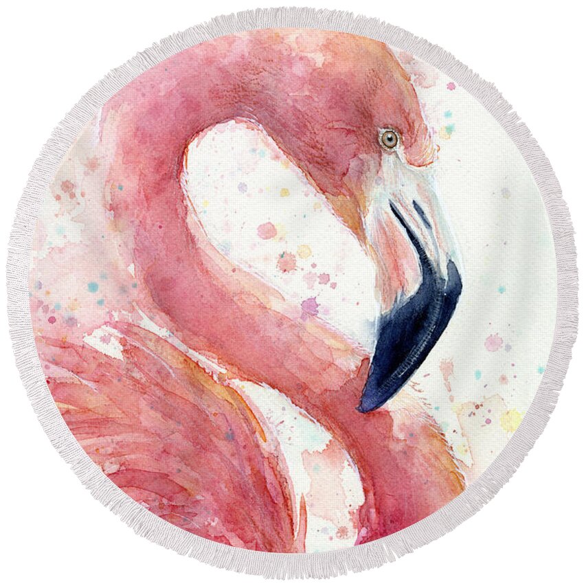 Watercolor Flamingo Round Beach Towel featuring the painting Flamingo - Facing Right by Olga Shvartsur