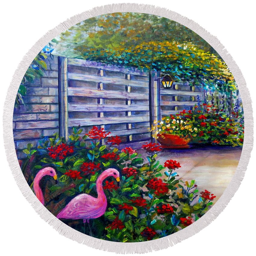 Flamingo Gardens Round Beach Towel featuring the painting Flamingo Gardens by Lou Ann Bagnall